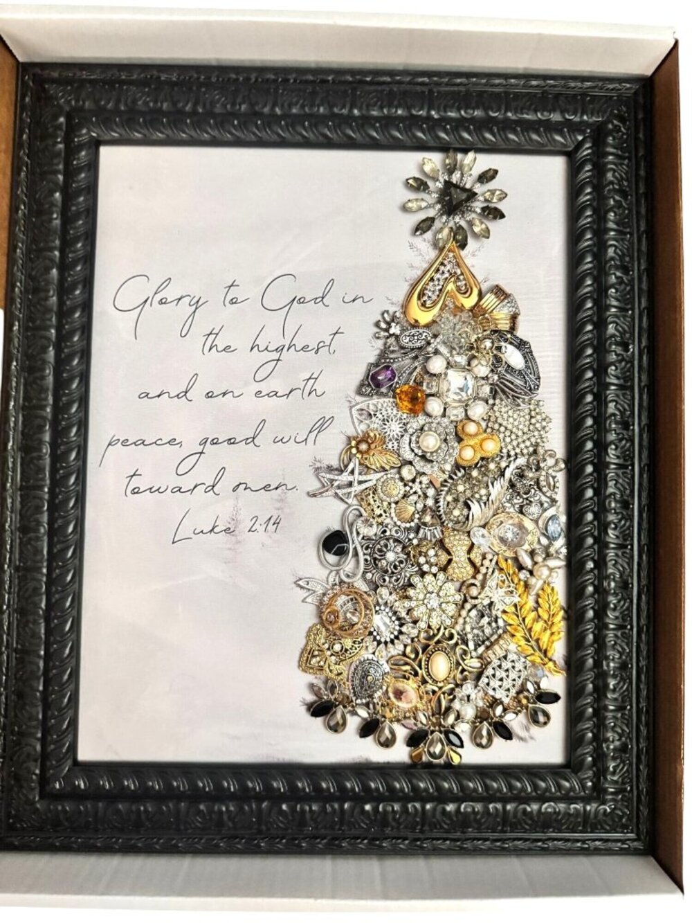 Designs by Betty Vintage Jewelry Christmas Tree Framed Wall Art Luke 2:14